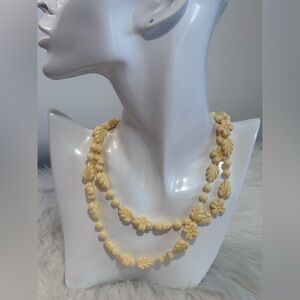 Vintage Cream Floral Carved Long plastic Necklace